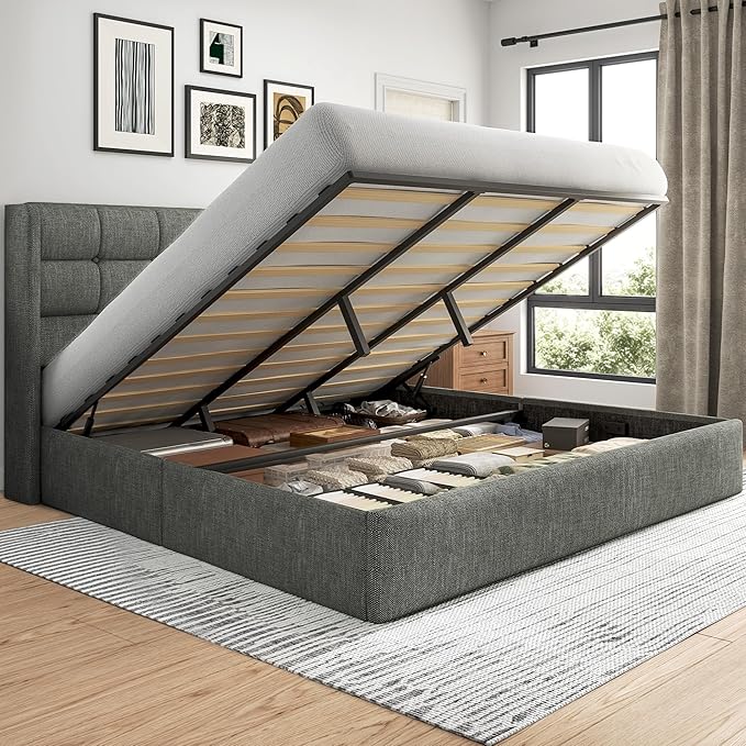 Lifezone King Size Lift Up Storage Bed Frame, Linen Upholstered King Platform with Button Tufted Wingback Headboard and Under-Bed Storage, Hydraulic Support, No Box Spring Needed, Noise Free,