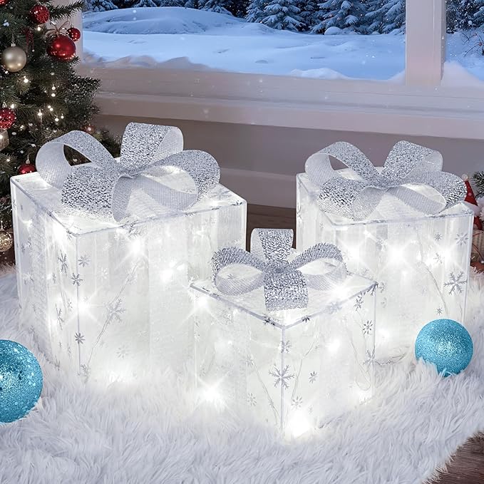Set of 3 Christmas Lighted Gift Boxes, Holiday Decor with 60 LED Soft White Mini String Lights, Light Up Present Boxes with Bows and Snowflake Design for Christmas Decorations Indoor