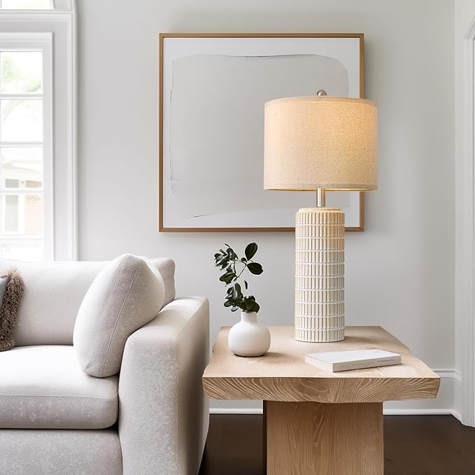 PoKat Bedside Table Lamp for Bedroom Nightstands, Ceramic Lamp for Living Room, White Night Stand Light with Round Linen Shade, Modern,