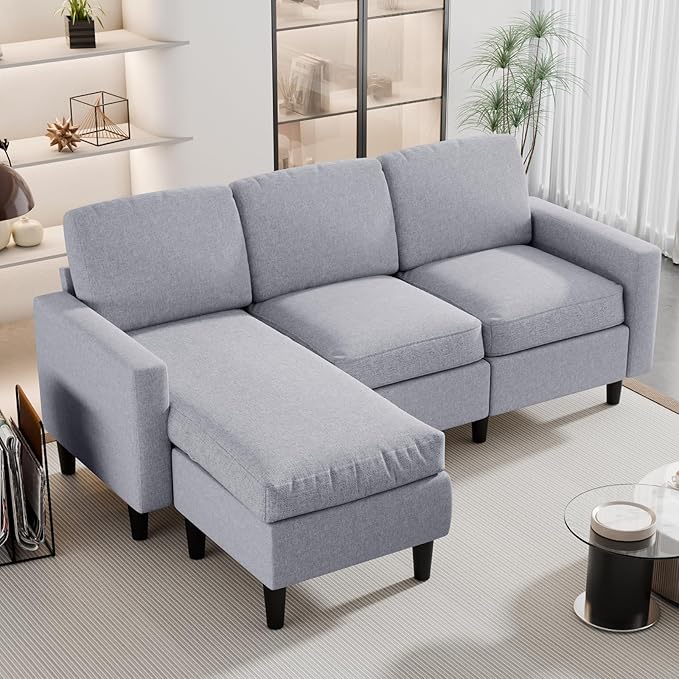 JAMFLY 73.6" Convertible Sectional Sofa, 3 Seat L-Shaped Couch with Linen Fabric Ottoman, Small Couch for Living Room, Apartment and Office