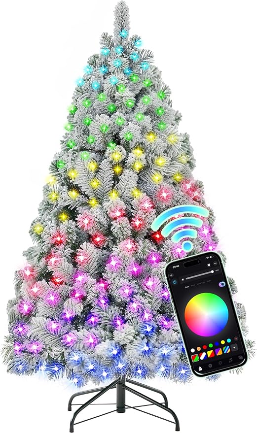 HOLLO STAR Flocked Prelit Christmas Tree with 200 LED Lights, App Control, Artificial Christmas Tree, Multi-Color RGBW Lights, 400 Branch Tips, Snow Xmas Tree, for Home, Party