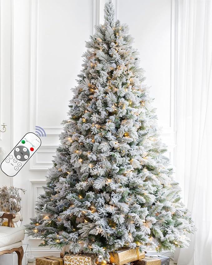 Unlit Snow Flocked Artificial Holiday Christmas Tree No Lights, Full Hinged Spruce Branch Tips for Home, Office, Party Decoration No Prelit Foldable Base