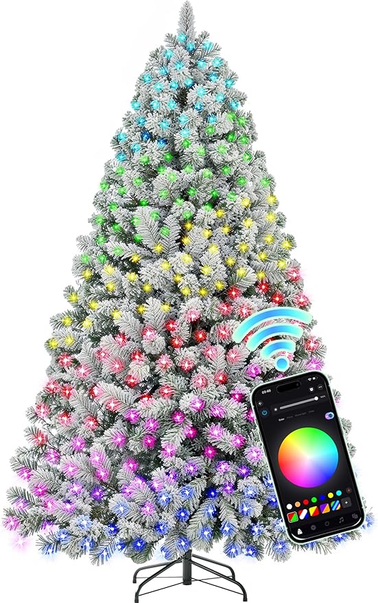 HOLLO STAR Flocked Prelit Christmas Tree with 200 LED Lights, App Control, Artificial Christmas Tree, Multi-Color RGBW Lights, 400 Branch Tips, Snow Xmas Tree, for Home, Party