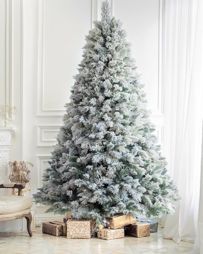 Unlit Snow Flocked Artificial Holiday Christmas Tree No Lights, Full Hinged Spruce Branch Tips for Home, Office, Party Decoration No Prelit Foldable Base