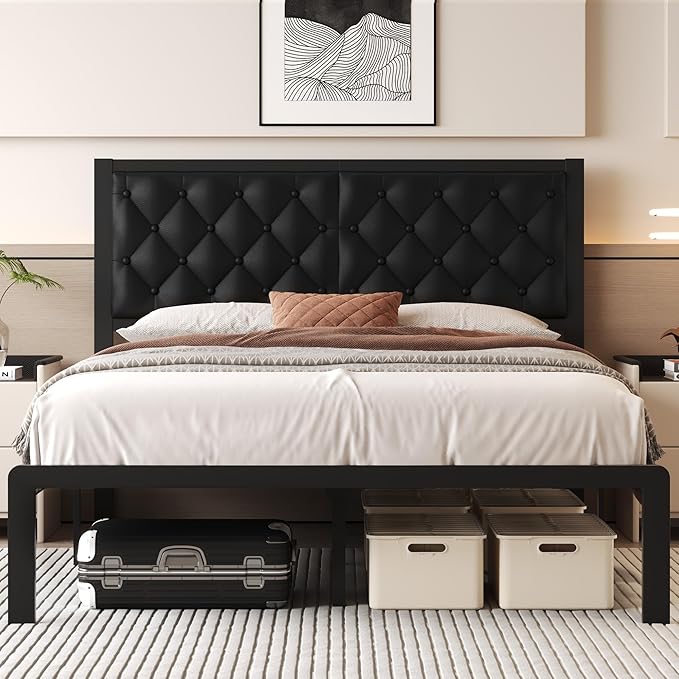 Twin, Full & Queen Bed Frame with Headboard Linen Upholstered Bed Frame Platform,All Metal Slats Support Platform Bed Frame with Storage Space,Easy Assembly,Noise Free,No Box Spring Needed