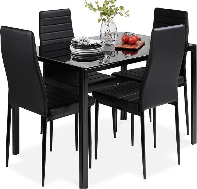 Best Choice Products 3, 4, & 5-Piece Glass Dining Set, Modern Kitchen Table Furniture for Dining Room, Dinette, Compact Space-Saving w/Glass Tabletop, 4 Upholstered PU Chairs, Metal Steel Frame