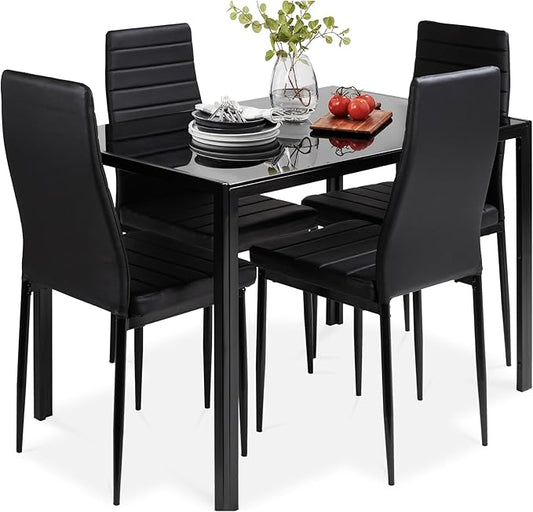 Best Choice Products 3, 4, & 5-Piece Glass Dining Set, Modern Kitchen Table Furniture for Dining Room, Dinette, Compact Space-Saving w/Glass Tabletop, 4 Upholstered PU Chairs, Metal Steel Frame