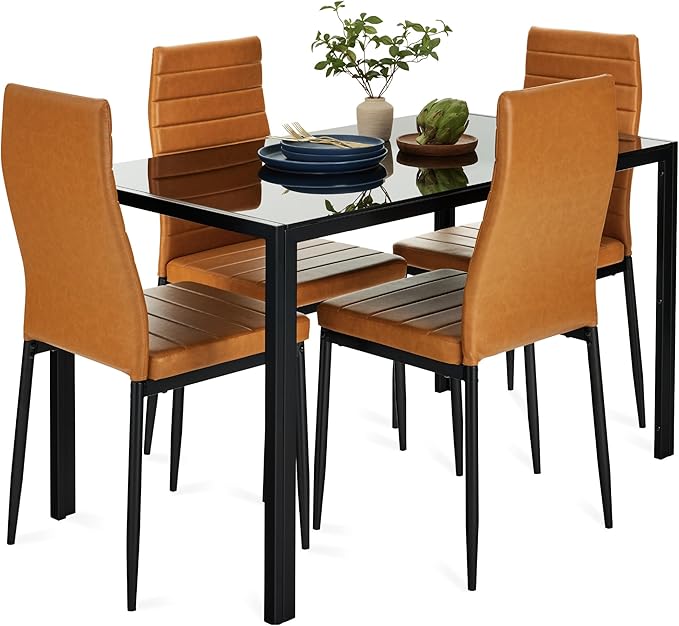 Best Choice Products 3, 4, & 5-Piece Glass Dining Set, Modern Kitchen Table Furniture for Dining Room, Dinette, Compact Space-Saving w/Glass Tabletop, 4 Upholstered PU Chairs, Metal Steel Frame
