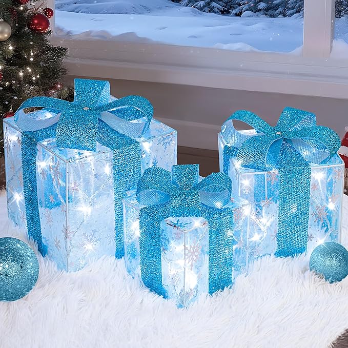 Set of 3 Christmas Lighted Gift Boxes, Holiday Decor with 60 LED Soft White Mini String Lights, Light Up Present Boxes with Bows and Snowflake Design for Christmas Decorations Indoor