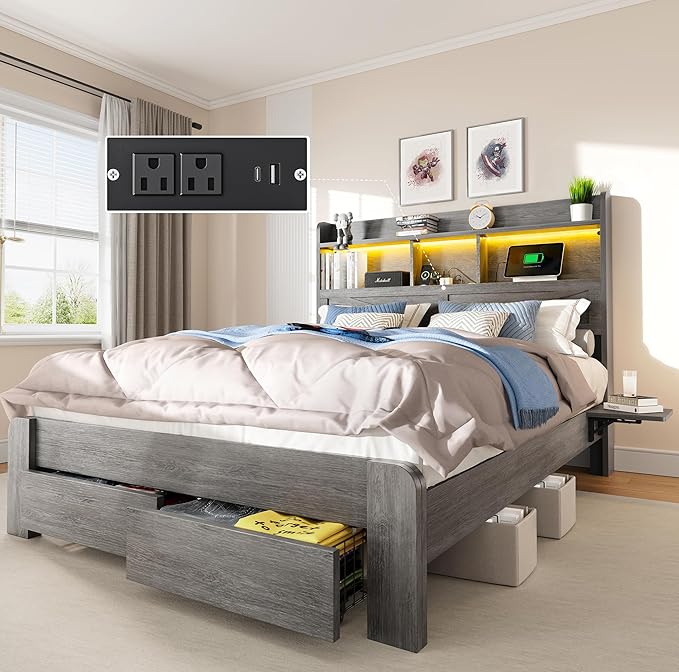 Bed Frame with 2-Tier Storage Headboard, LED Lights, Charging Station, 2 Drawers, 900lbs Capacity, Wood & Metal Platform, Noise-Free, No Box Spring Needed, Barn Door Design