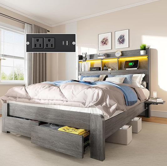 Bed Frame with 2-Tier Storage Headboard, LED Lights, Charging Station, 2 Drawers, 900lbs Capacity, Wood & Metal Platform, Noise-Free, No Box Spring Needed, Barn Door Design
