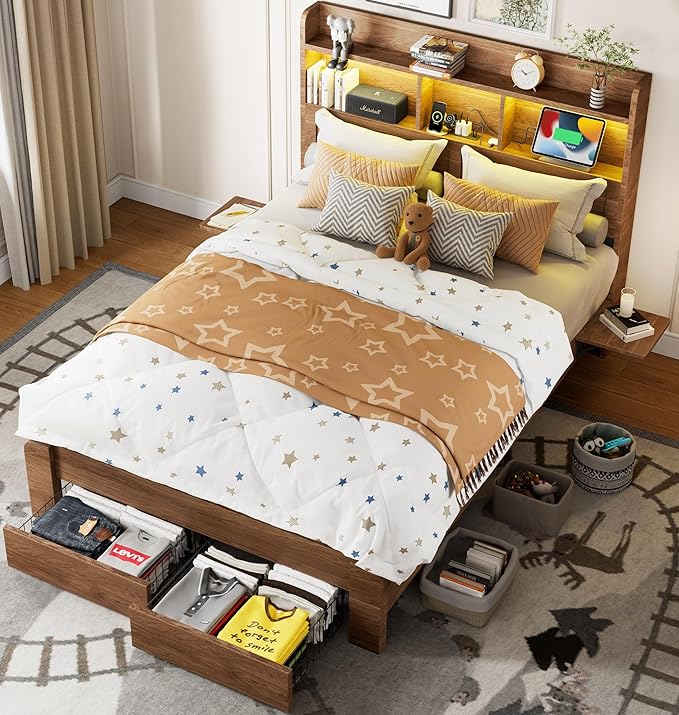 Bed Frame with 2-Tier Storage Headboard, LED Lights, Charging Station, 2 Drawers, 900lbs Capacity, Wood & Metal Platform, Noise-Free, No Box Spring Needed, Barn Door Design
