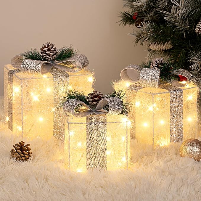 Set of 3 Christmas Lighted Gift Boxes, Holiday Decor with 60 LED Soft White Mini String Lights, Light Up Present Boxes with Bows and Snowflake Design for Christmas Decorations Indoor