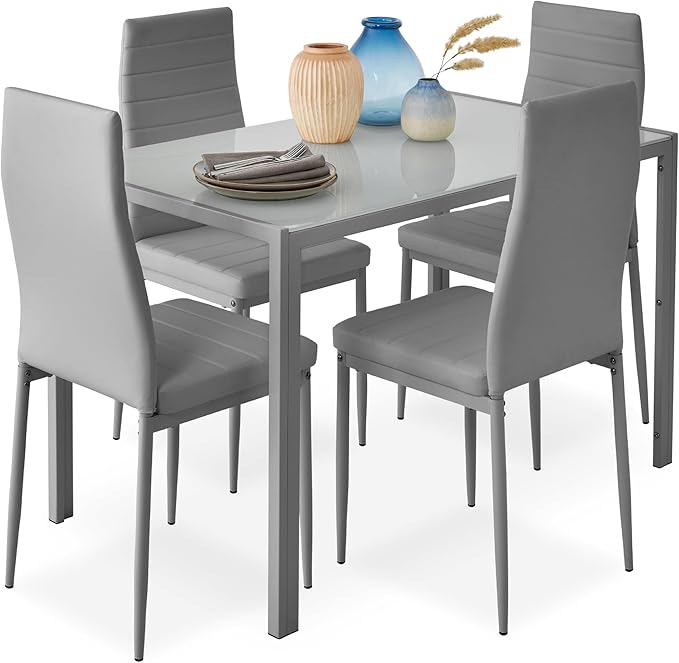 Best Choice Products 3, 4, & 5-Piece Glass Dining Set, Modern Kitchen Table Furniture for Dining Room, Dinette, Compact Space-Saving w/Glass Tabletop, 4 Upholstered PU Chairs, Metal Steel Frame