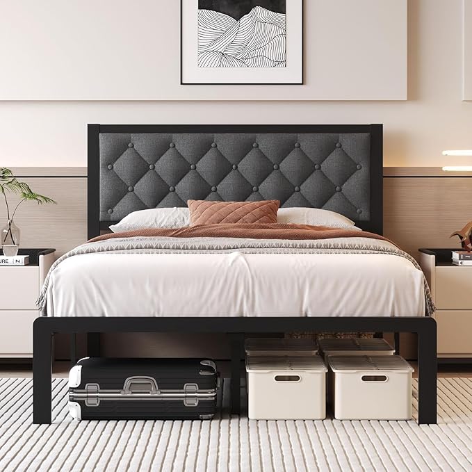 Twin, Full & Queen Bed Frame with Headboard Linen Upholstered Bed Frame Platform,All Metal Slats Support Platform Bed Frame with Storage Space,Easy Assembly,Noise Free,No Box Spring Needed