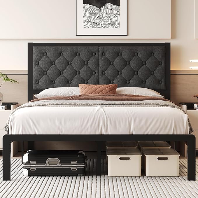 Twin, Full & Queen Bed Frame with Headboard Linen Upholstered Bed Frame Platform,All Metal Slats Support Platform Bed Frame with Storage Space,Easy Assembly,Noise Free,No Box Spring Needed