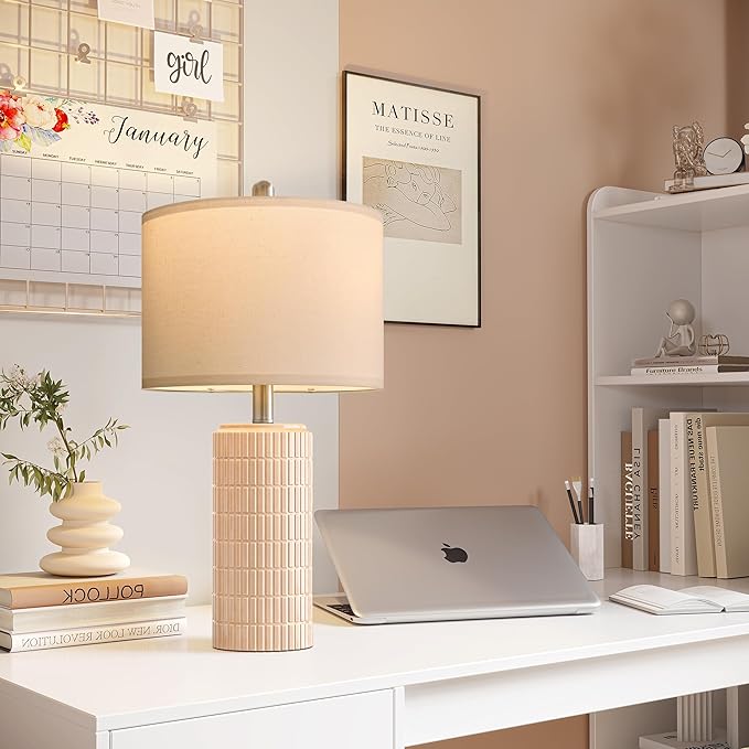 PoKat Bedside Table Lamp for Bedroom Nightstands, Ceramic Lamp for Living Room, White Night Stand Light with Round Linen Shade, Modern,