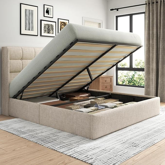 Lifezone King Size Lift Up Storage Bed Frame, Linen Upholstered King Platform with Button Tufted Wingback Headboard and Under-Bed Storage, Hydraulic Support, No Box Spring Needed, Noise Free,