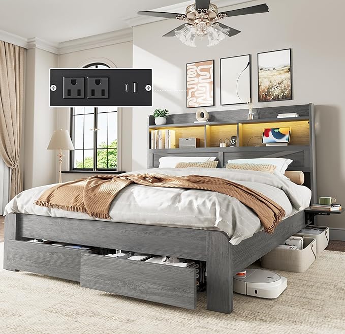 Bed Frame with 2-Tier Storage Headboard, LED Lights, Charging Station, 2 Drawers, 900lbs Capacity, Wood & Metal Platform, Noise-Free, No Box Spring Needed, Barn Door Design