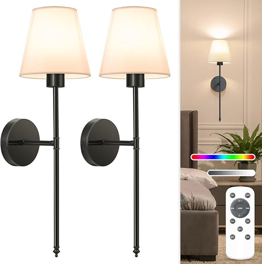 NIORSUN Battery Operated Wall Sconce Set of 2, Rechargeable Wall Lights with 5200mAh Dimmable Bulbs and Remote,9 Colors Wireless Wall Lamps for Bedroom Living Room Hallway Decor