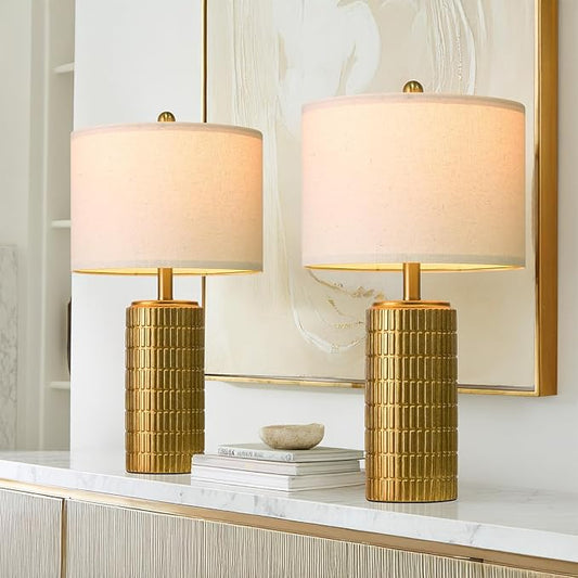 PoKat Bedside Table Lamp for Bedroom Nightstands, Ceramic Lamp for Living Room, White Night Stand Light with Round Linen Shade, Modern,