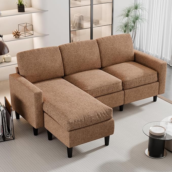 JAMFLY 73.6" Convertible Sectional Sofa, 3 Seat L-Shaped Couch with Linen Fabric Ottoman, Small Couch for Living Room, Apartment and Office