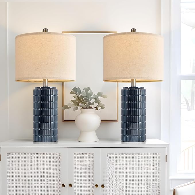 PoKat Bedside Table Lamp for Bedroom Nightstands, Ceramic Lamp for Living Room, White Night Stand Light with Round Linen Shade, Modern,