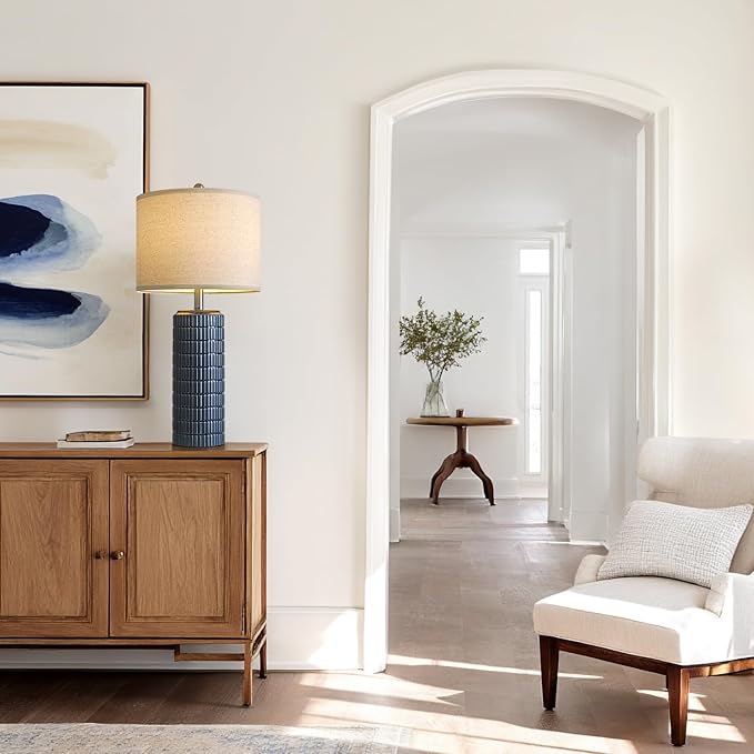 PoKat Bedside Table Lamp for Bedroom Nightstands, Ceramic Lamp for Living Room, White Night Stand Light with Round Linen Shade, Modern,