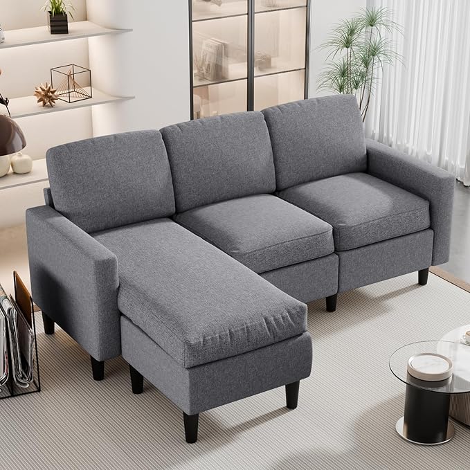 JAMFLY 73.6" Convertible Sectional Sofa, 3 Seat L-Shaped Couch with Linen Fabric Ottoman, Small Couch for Living Room, Apartment and Office