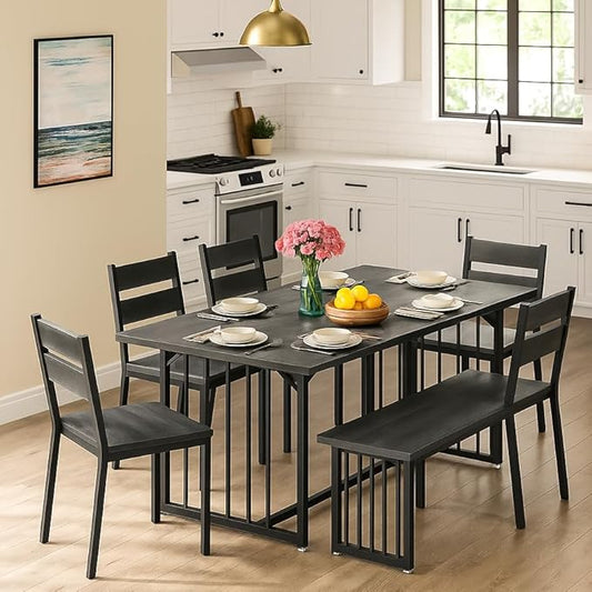 DWVO 63 Inch Dining Table Set for 6-8 People 6-Piece Large Kitchen Table Set with 2 Benches and 4 Chairs Farmhouse Rectangular Dining Room Table for Kitchen Dining Room Apartment