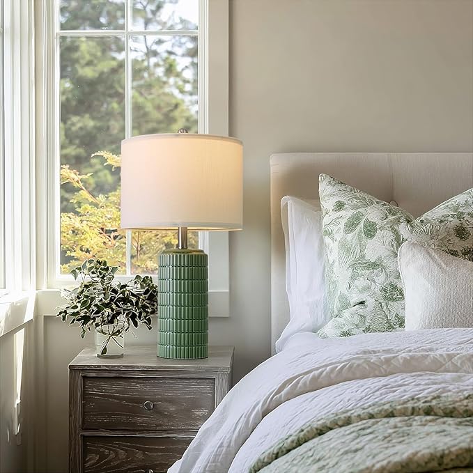 PoKat Bedside Table Lamp for Bedroom Nightstands, Ceramic Lamp for Living Room, White Night Stand Light with Round Linen Shade, Modern,