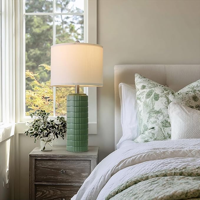 PoKat Bedside Table Lamp for Bedroom Nightstands, Ceramic Lamp for Living Room, White Night Stand Light with Round Linen Shade, Modern,