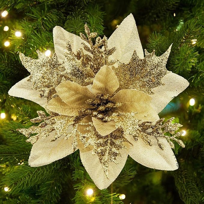 SPORTYOUTH 30pcs Poinsettia Artificial Christmas Flowers with Clips Stems, 5.5" Xmas Tree Decoration Ornament Glitter Poinsettias Flower for Wreath Garland New Year Holiday Wedding Home Party