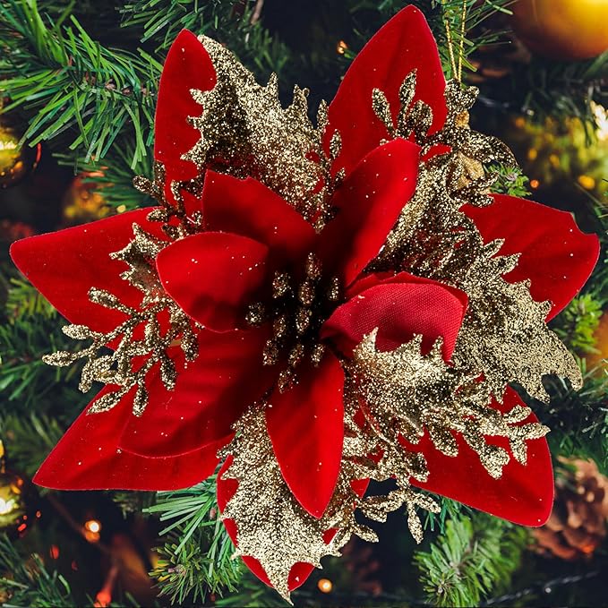 SPORTYOUTH 30pcs Poinsettia Artificial Christmas Flowers with Clips Stems, 5.5" Xmas Tree Decoration Ornament Glitter Poinsettias Flower for Wreath Garland New Year Holiday Wedding Home Party