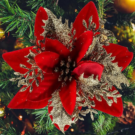 SPORTYOUTH 30pcs Poinsettia Artificial Christmas Flowers with Clips Stems, 5.5" Xmas Tree Decoration Ornament Glitter Poinsettias Flower for Wreath Garland New Year Holiday Wedding Home Party