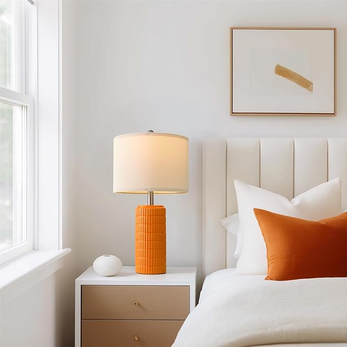 PoKat Bedside Table Lamp for Bedroom Nightstands, Ceramic Lamp for Living Room, White Night Stand Light with Round Linen Shade, Modern,