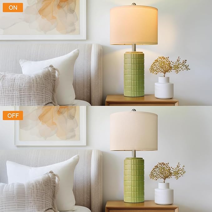 PoKat Bedside Table Lamp for Bedroom Nightstands, Ceramic Lamp for Living Room, White Night Stand Light with Round Linen Shade, Modern,