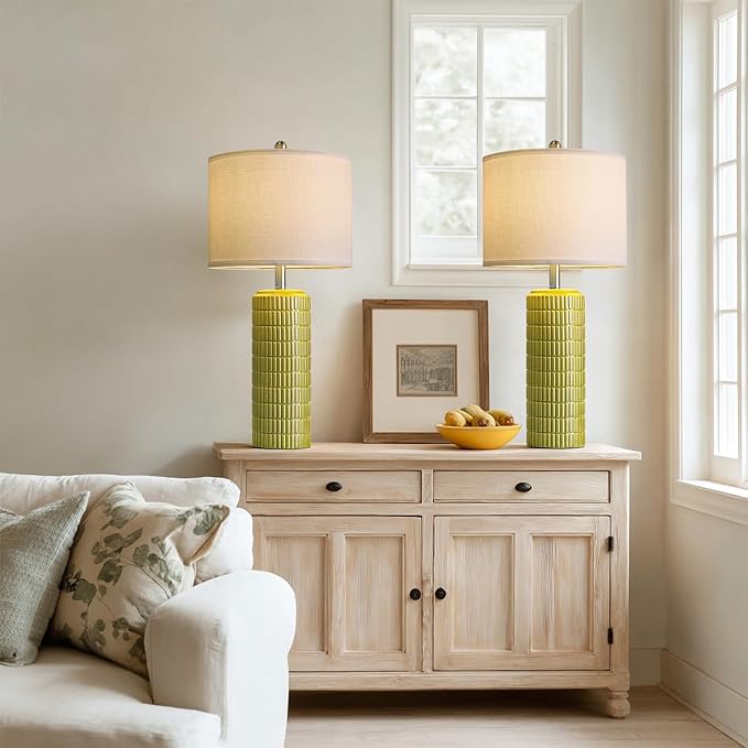 PoKat Bedside Table Lamp for Bedroom Nightstands, Ceramic Lamp for Living Room, White Night Stand Light with Round Linen Shade, Modern,