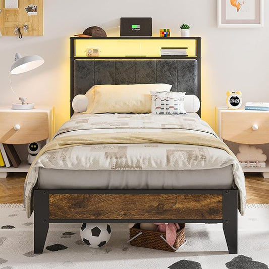 OLEVS Queen Bed Frame Metal Platform Bed Twin to King Size with 2-Tier Storage & LED Light Headboard, Charging Station Type C, No Box Spring Needed