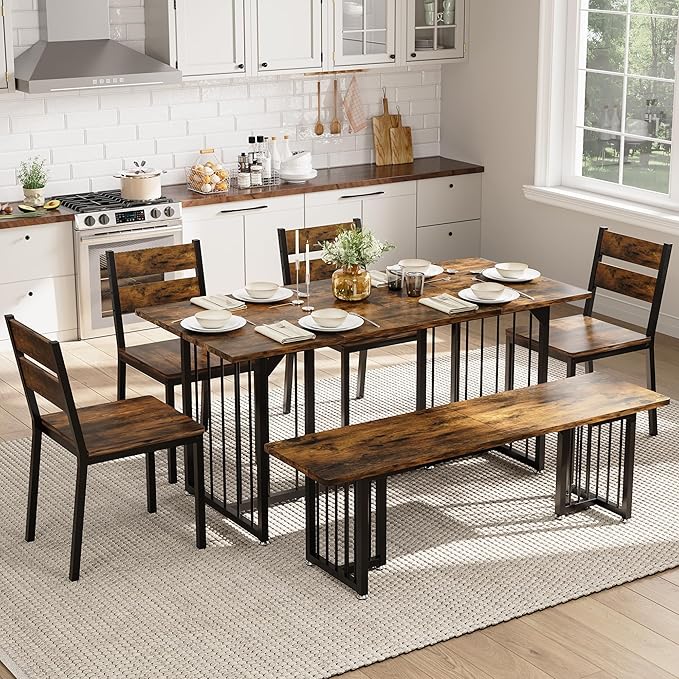 DWVO 63 Inch Dining Table Set for 6-8 People 6-Piece Large Kitchen Table Set with 2 Benches and 4 Chairs Farmhouse Rectangular Dining Room Table for Kitchen Dining Room Apartment